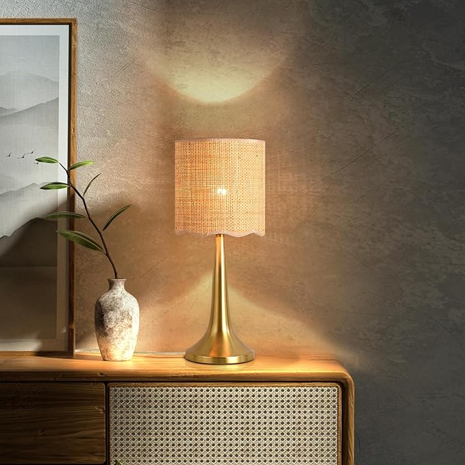 Gold Rattan Table Lamp for Bedroom, Brass Cute Wicker Lamps for Bedside Nightstand, Small Table Shape Lamps for Small Spaces for Kitchen Counter, Home Office, Living Room, Kids Dorm