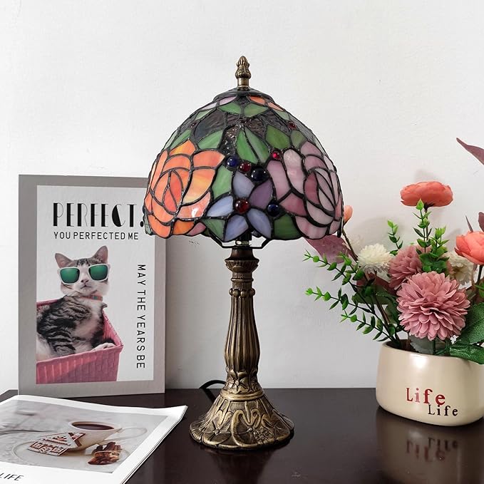 Small Tiffany Table Lamp 8 Inch Tiffany Style Desk Lamp Stained Glass Antique Light Decoration Bedroom Bedside Lamp Retro Reading Lamps (Yellow Pink Roses Style)
