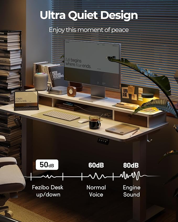 FEZIBO 55 x 24 Inch Height Adjustable Electric Standing Desk with Double Drawer, Computer Desk, Home Office Stand Up Table with 4 Height-Adjustable Feets & 2 Hooks, White