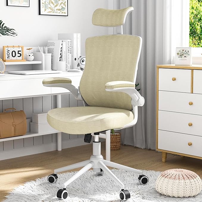 Ergonomic Office Chair with Adjustable Headrest & Lumbar Support - High Back Desk Chair with Flip-Up Arms, 360 Swivel Executive Computer Task Chair (Modern Beige)