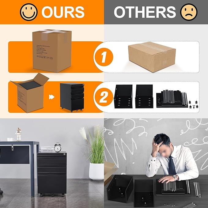 Metal Rolling File Cabinet with 3 Drawers, Under Desk Mobile Filing Storage Cabinet with Lock for Home Office Scool,Fully Assembled Except Wheels,Black