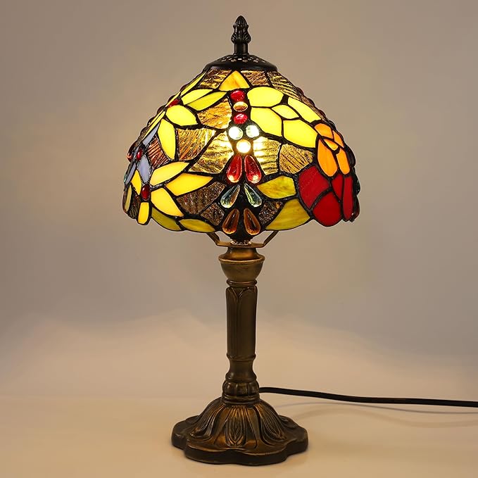 Tiffany Lamp Rose Flower Stained Glass Table Lamp for Bedroom,3 Color-Temperatures Nightstand Bedside Home Office Desk Lamp Accent Table lamp for Living Room Hotel, 8X8X14 Inch