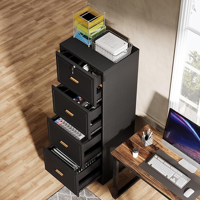 Tribesigns 4-Drawer File Cabinet with Lock, Locked File Cabinet with Key, Tall Wooden Filing Cabinets for Home Office, Vertical Office Storage for Legal Size/Letter/A4/Files, Black (2 Piece)