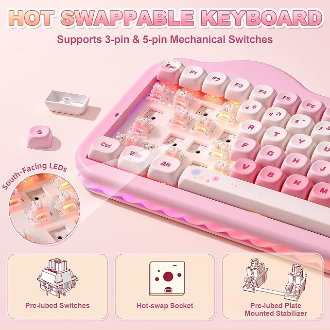 YUNZII C75 Wireless Mechanical Keyboard,75% Layout, Hot-Swappable NKRO,BT5.0/2.4G/USB-C Mode,Dye-Sub PBT MOA Keycaps,RGB Gasket Mount,Cute Cake Design for Mac/Win/Gaming (Pink, Milk V2 Switch)