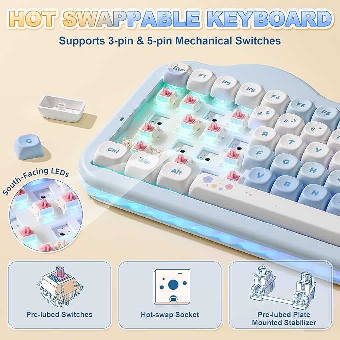 YUNZII C75 Wireless Mechanical Keyboard,75% Layout, Hot-Swappable NKRO,BT5.0/2.4G/USB-C Mode,Dye-Sub PBT MOA Keycaps,RGB Gasket Mount,Cute Cake Design for Mac/Win/Gaming (Blue, Candy Switch)