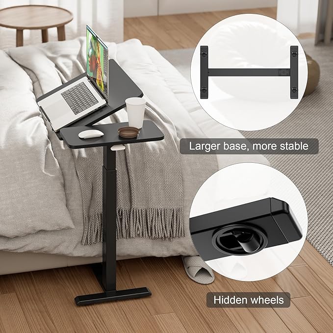 Ywin Medical Adjustable Tilt Overbed Bedside Table with Wheels, Swivel Portable Tray Table(27.6" W x 15.8" D), Small Standing Desk for Bedroom, Hospital, Couch, Office Use,Black