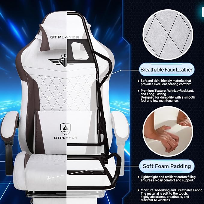 GTPLAYER Gaming Chair, Video Game Chairs with Footrest and Lumbar Support, Computer Chair for Adults with Extended Backrest, Ergonomic Reclining Silla Gamer, Fabric, Brown
