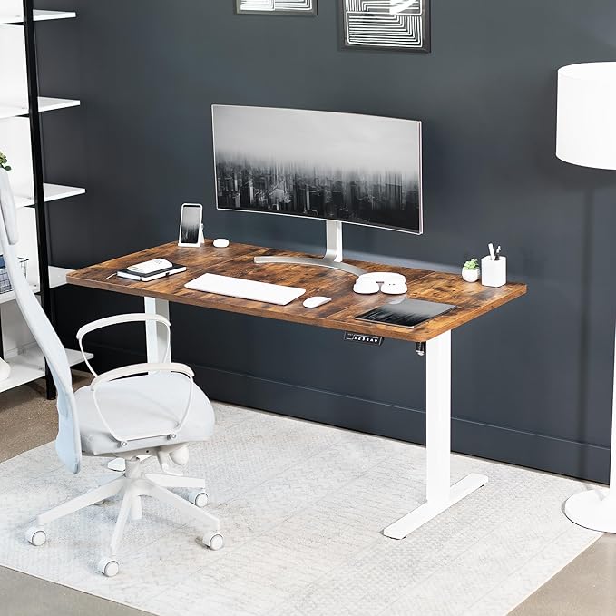 VIVO Electric 60 x 30 in Rustic Standing Desk, Memory Height Adjustment, 1B Series, Vintage Brown Top White Frame, DESK-KIT-1W6N-30