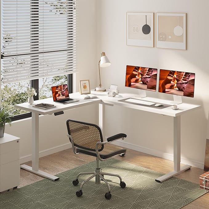 L-Shaped Standing Desk, 71 x 63 Inches Height Adjustable Desk, Sit and Stand up for Work Office Home, Ergonomic Rising Computer Table for Home Office with Splice Board, White