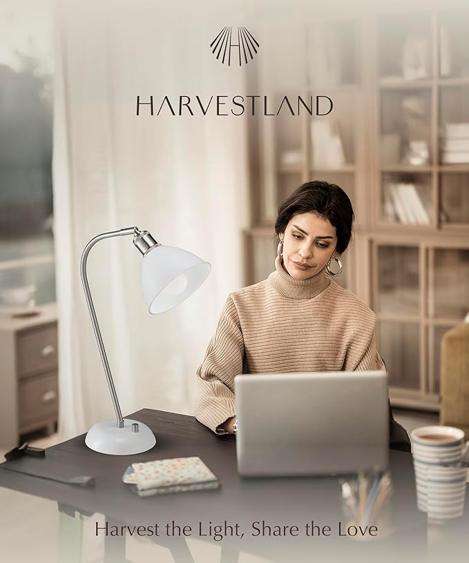 HarvestLand Halo White Desk Lamps – Adjustable Reading Lamp, Pharmacy Style Metal Desk Lamp, Industrial Table Lamp with Solid Base for Bedside Table, Home Office, White Table Lamp