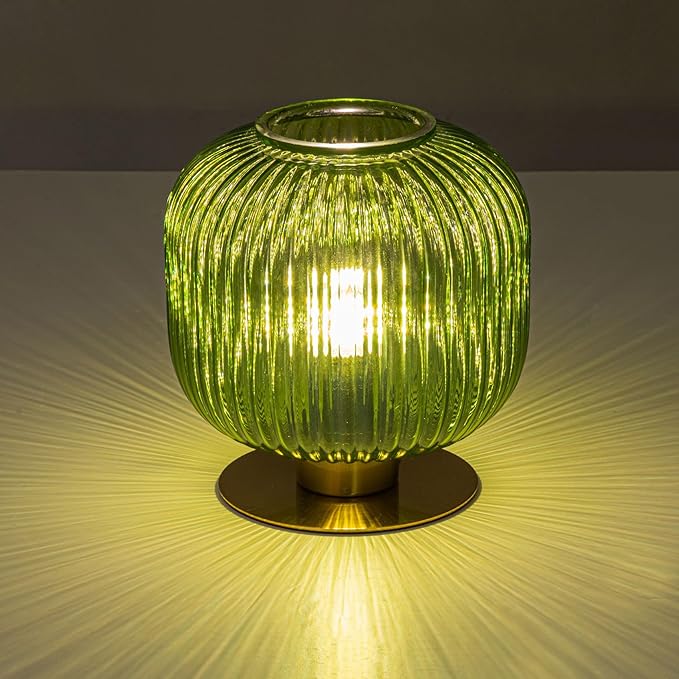 Green Table Lamp Glass Table Lamps Mid Century Modern Table Lamp Gold Bedside Lamp Vintage Nightstand Lamp with Ribbed Globe Shade Brass Desk Lamp Small Side Table Lamps for Bedroom Living Room