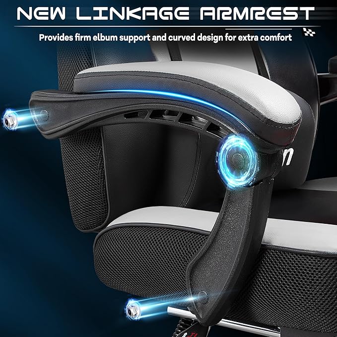 Meilocar Gaming Chair with Footrest, Video Game Chair for Adults Ergonomic Big and Tall Computer Chairs with Massage Lumbar Support 330lbs Weight Capacity, 360° Swivel Seat (White)