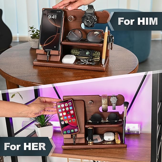 TESLYAR Wood Phone Docking Station for Men - Desk or Nightstand Organizer - Birthday Gifts for Husband or Dad - Anniversary Idea from Wife - Key Holder - Stand Wallet, Watch & Essentials (Chestnut)