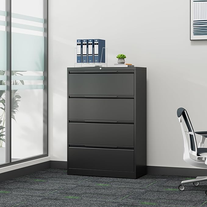 Coolsun Metal Lateral File Cabinet, 4 Drawer File Cabinet with Lock, Wide Filing Cabinet for Home Office, Locking Storage Cabinet for Hanging A4/F4/Letter/Legal, Assembly Required (Black, 4 Drawer)
