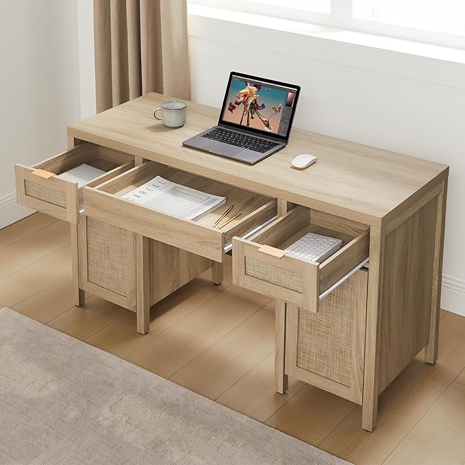 SICOTAS Rattan Executive Desk with Storage - 52" Large Home Office Desk with 3 Drawers and 2 Cabinets, Farmhouse Boho Computer Table Vanity Desk for Study, Office, Living Room, Light Oak