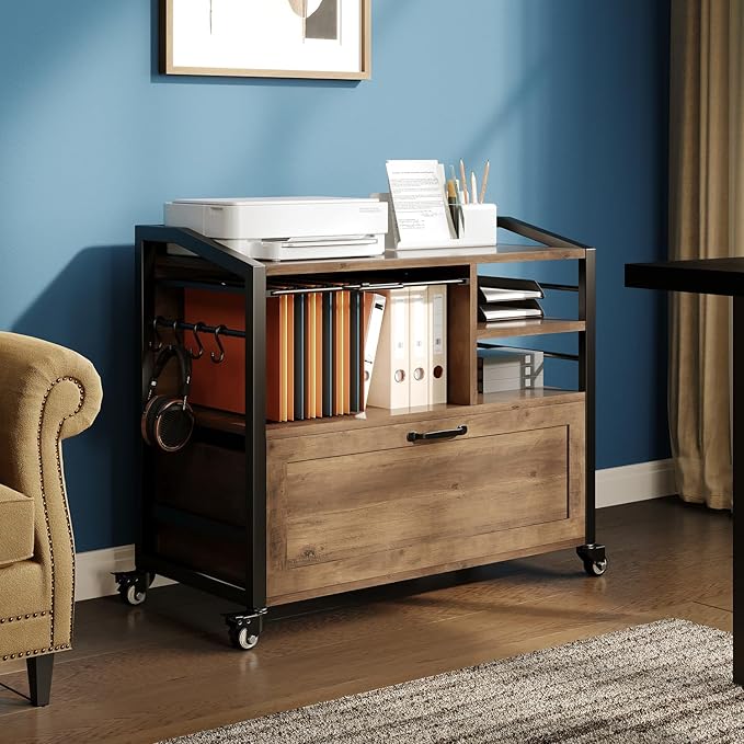 HSH Mobile Lateral File Cabinet with Drawer, Rolling Filing Cabinet for LegalLetter Size, Printer Stand with Storage Shelf, Lockable Wheels, Hanging File Organizer for Home Office, Rustic Oak, 33Inch