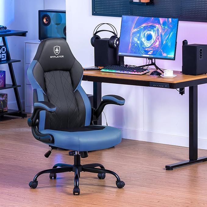 GTPLAYER Video Gaming Chair, Ergonomic Computer Gaming Chair with Flip-Up Armrests and Adjustable Height, Comfortable Desk Chairs with Built-in Lumbar Support, Recliner with 360°Swivel (Blue)