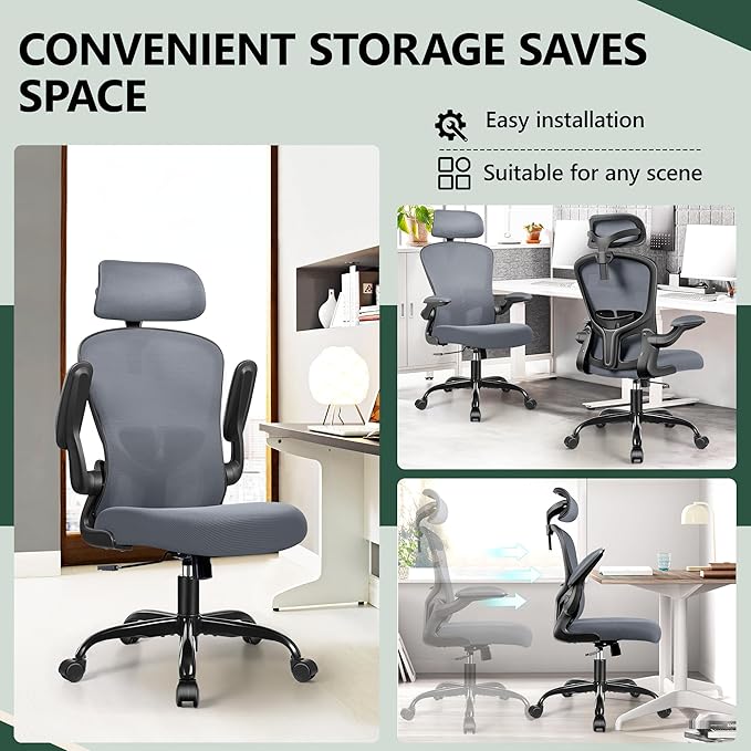 FelixKing Office Desk Chairs, Ergonomic PC Desk Chair with Wheels, Adjustable Lumbar Support and Height, Swivel Computer Chair with Flip-up Armrests, Ergo Mesh Backrest for Working (Dark Gray)