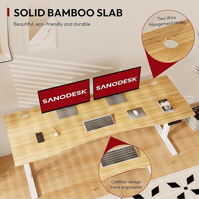 Standing Desk 3 Stages Dual Motor 78 inch Whole-Piece Real Bamboo Desktop Height Adjustable Desk for Home Office Stand Up (White Frame/ 78" Curved Natural Bamboo Top)