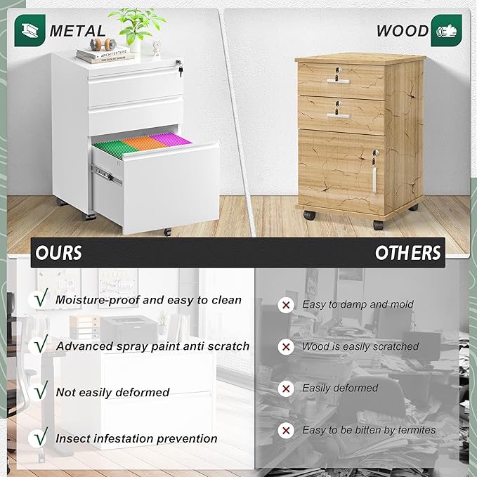 Superday File Cabinet 3 Drawer, Metal Rolling Vertical Filing Cabinet with Wheels, Small Under Desk File Cabinets for Home Office (White)