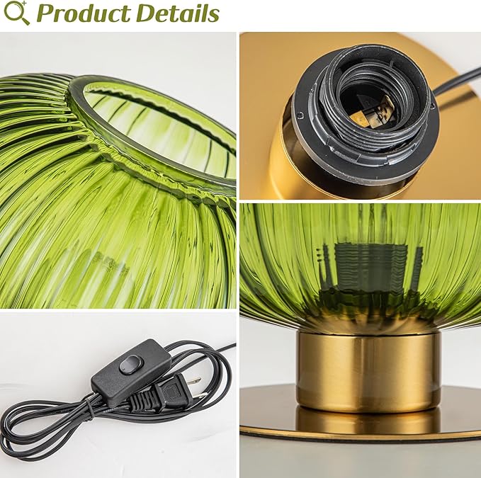Green Table Lamp Glass Table Lamps Mid Century Modern Table Lamp Gold Bedside Lamp Vintage Nightstand Lamp with Ribbed Globe Shade Brass Desk Lamp Small Side Table Lamps for Bedroom Living Room