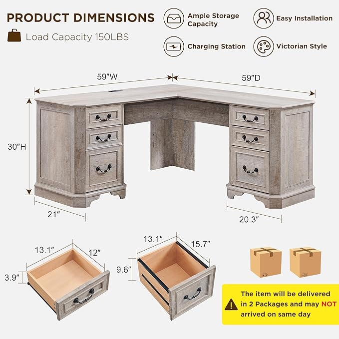 T4TREAM 59" Executive L Shaped Desk with Drawers,Farmhouse Wood Computer Coner Desk, Featuring Charging Station,File Drawer, Storage Cabinet,for Home Office Work and Study (Light Rustic Oak)