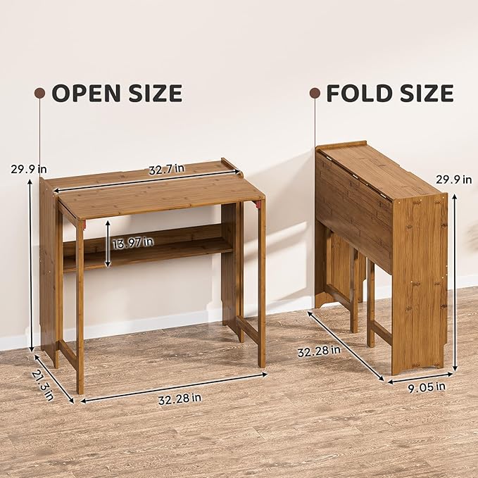 32.7" Bamboo Folding Desk, Space-Saving Foldable Computer Desk for Small Spaces, Portable Home Office Writing Desk for Bedroom, Study, or Apartment, Easy Assembly,Brown