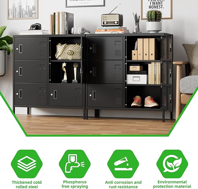 SUPEER 6 Doors Metal Storage Locker with Card Slot,Metal Locker for Employees with Keys and Ventilation Holes,Suitable for Office, Home, Bank, School,Gym,Requires Installation,Black