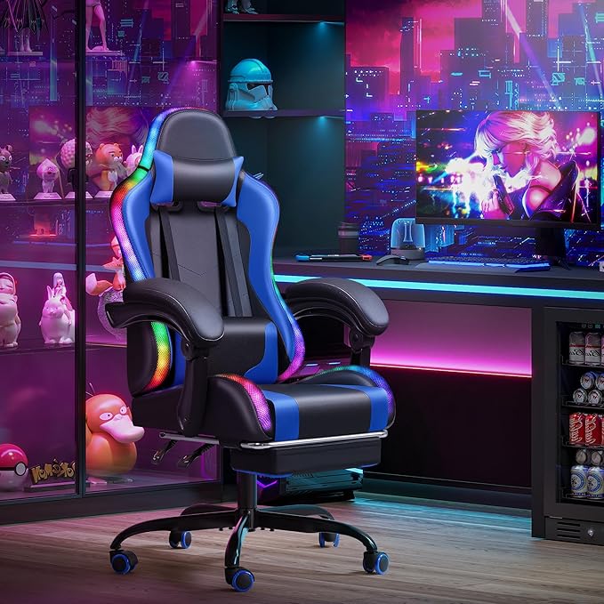 Homall Gaming Chair, Video Game Chair with Footrest and Massage Lumbar Support, Ergonomic Computer Chair Height Adjustable with Swivel Seat and Headrest (RGB Blue)