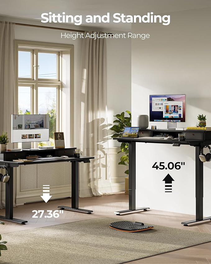 FEZIBO 40 x 24 Inch Height Adjustable Electric Standing Desk with Double Drawer, Computer Desk, Home Office Stand Up Table with 4 Height-Adjustable Feets & 2 Hooks, Black