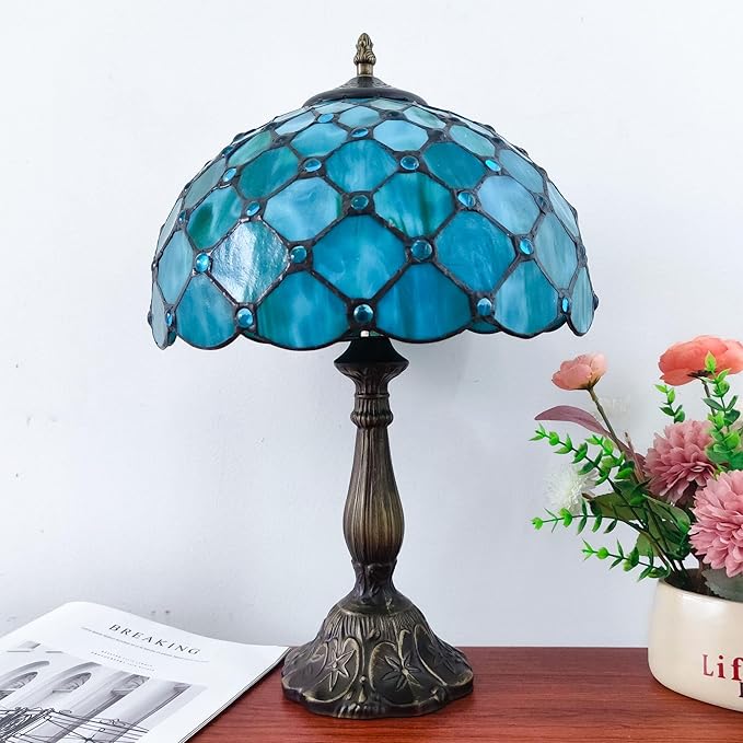 Tiffany Lamp Stained Glass Table Lamp Antique Bedside Desk Reading Light 3-Way Color LED Living Room Nightstand Light 12X12X19 Inches Home Office Desk Light