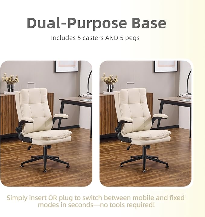 VINGLI Comfy Beige Leather Office Desk Chair, High-Back Support Ergonomic Computer Task Gaming Chair,with Removable wheels,360° Swivel,Adjustable Height,Flip-Up Arms,for Adults,Teen,Vanity,Home Office