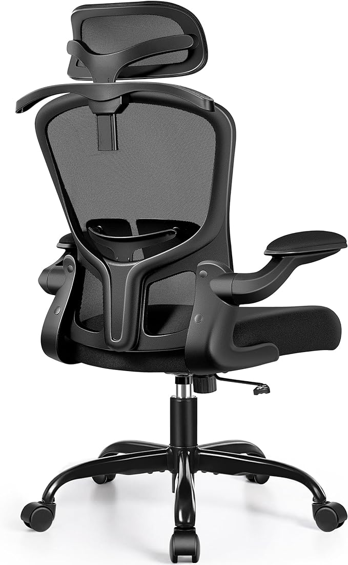 FelixKing Office Chair with Headrest, Ergonomic Desk Chair with Wheels, Task Swivel Comfy Chair with Adjustable Lumbar Support, Breathable Mesh Computer Chair with flip-up Armrests for Home (Black)