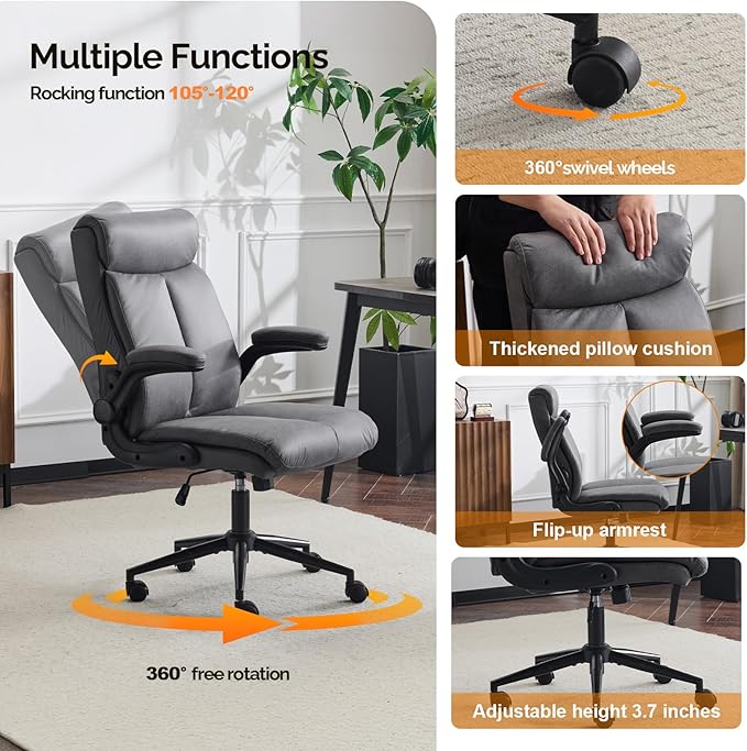 VINGLI Rolling Ergonomic Office Desk Chair with Padded Flip-up Arms, 360° Swivel High Back Executive Computer Task Chair with Wheels for Game,Home Small Space, Study Room, Reading Room,Pu Grey