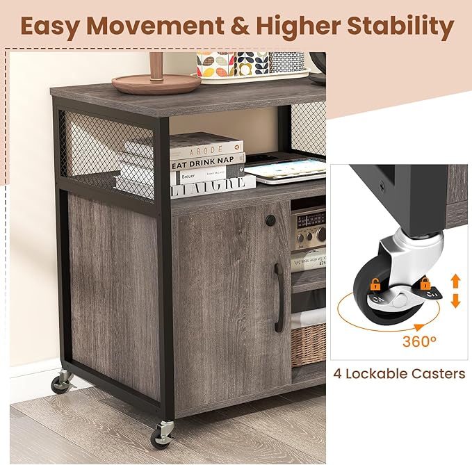 LOKO Rolling File Cabinet with Charging Station, Mobile Lateral Filing Cabinet with Lock, Adjustable Shelf, Metal Frame, Modern Printer Stand on Lockable Wheels for Home Office, Small Space (Grey)