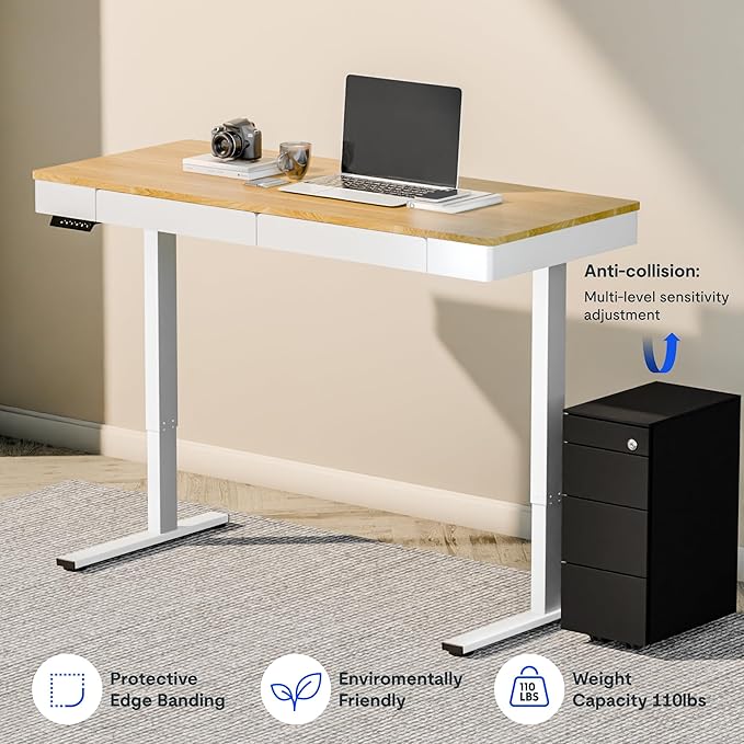 SANODESK Electric Standing Desk with 2 Drawers, 55 x 24 inch Height Adjustable Computer Desk, Home Office Stand Up Desk with 4 Preset Heights, Maple