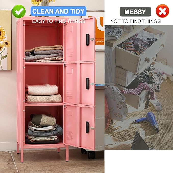 Metal Locker with Ventilation Holes, Metal Storage Cabinet with Lock and Card Slof for Home,School, Office, Gaeage,47.3" H x 15.8" W x 15.8" D,Assembly Required,Pink