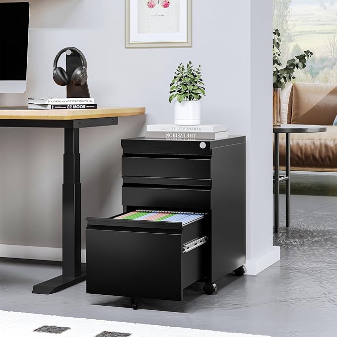 STANI 25" H 3 Drawer Mobile File Cabinet with Lock, Under Desk Metal Filing Cabinet, Locking Office Mobile Cabinet with Wheels, Letters/Legal/A4(Assembly Required Black)