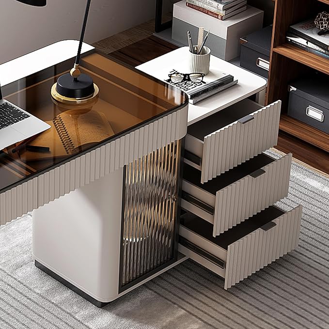 Lartis Office Desk, Very Easy to Assemble, Computer Desk, Home Telescopic Writing Desk, Modern Computer Desk with Retractable Cabinet Built-in LED Lights (Ivory, 50 in)