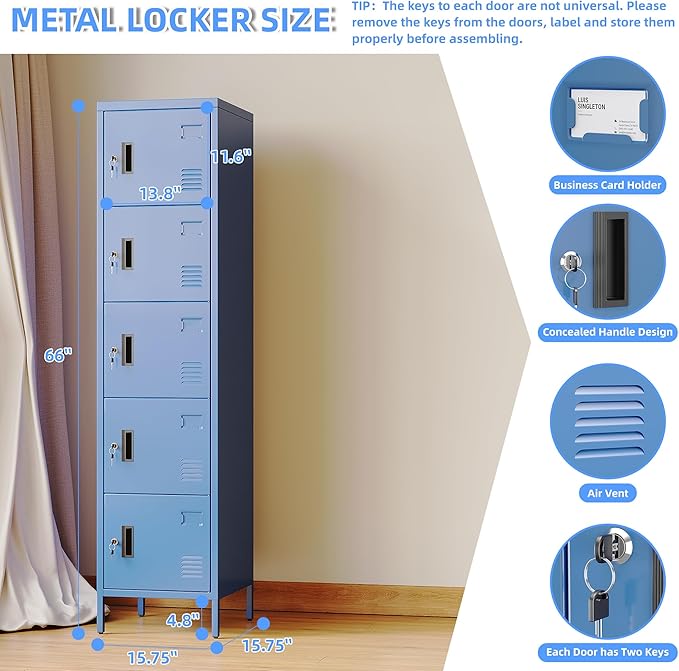 Metal Locker with Lock and Ventilation Holes,Metal Storage Locker with Business Card Slof for Home,Gym,Garage,School,Office,66" H x 15.8" W x 15.8" D Assembly Required,Blue