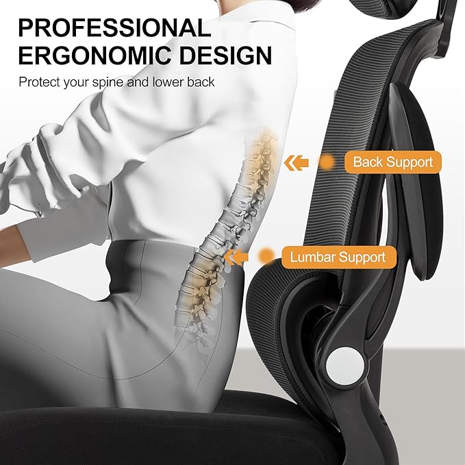 Ergonomic Office Chair,Home Mesh Office Desk Chairs,High Back Chair 330 LBS,Swivel Computer Task Chair with Adjustable Lumbar Support,Up&Down Flip-Up Arms,Rocking Function (Black)