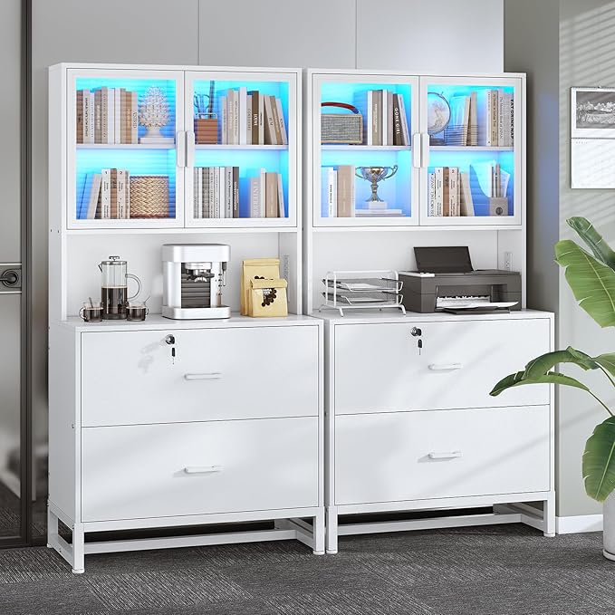 SEDETA 2 Drawer File Cabinet with Lock, Charging Station and Bookshelf, Filing Cabinet Fits Letter, Legal, A4 Size, Wood File Cabinets for Home Office, Printer Stand with Storage Shelf, White