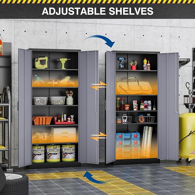 Metal Storage Cabinet-72” Tall Steel File Cabinets with Lockable Doors and 5 Adjustable Shelves-Black&Gray Steel Storage Cabinet for Home, School, Office, Garage