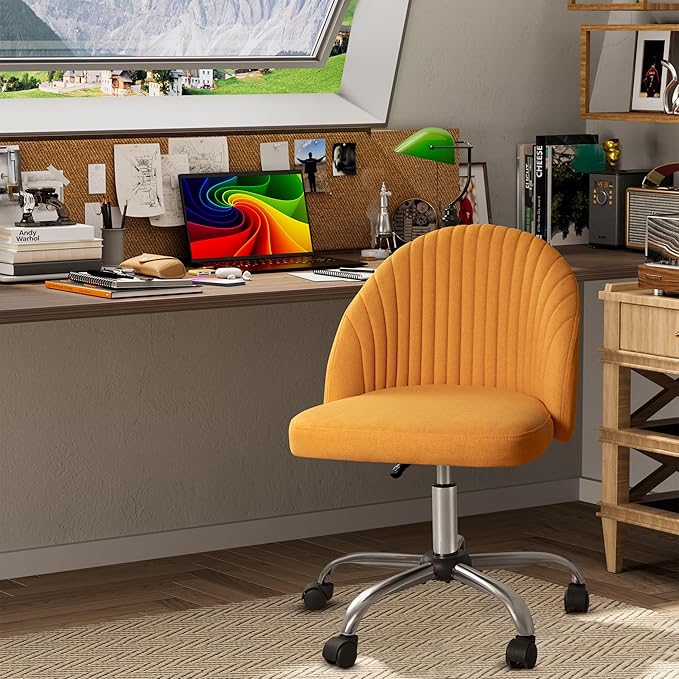 Furniwell Office Chair Armless Cute Desk Chair Modern Adjustable Swivel Padded Fabric Vanity Task Computer Chair Home Office Desk Chairs with Wheels (Yellow)