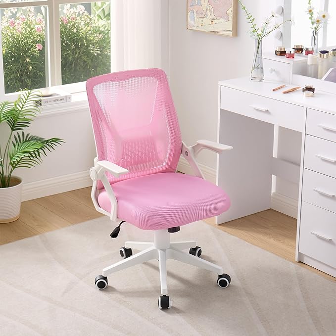 VECELO Mid-Back Swivel Ergonomic Office Chair with Adjustable Arms Mesh Lumbar Support for Computer Task Work, Pink