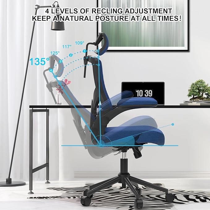 Home Office Chair, Ergonomic Comfy Desk Chair, High Back Computer Chair- Adjustable Headrest with Flip-Up Arms, Lumbar Support, Swivel Executive Task Chair (Portimao Blue, Modern)