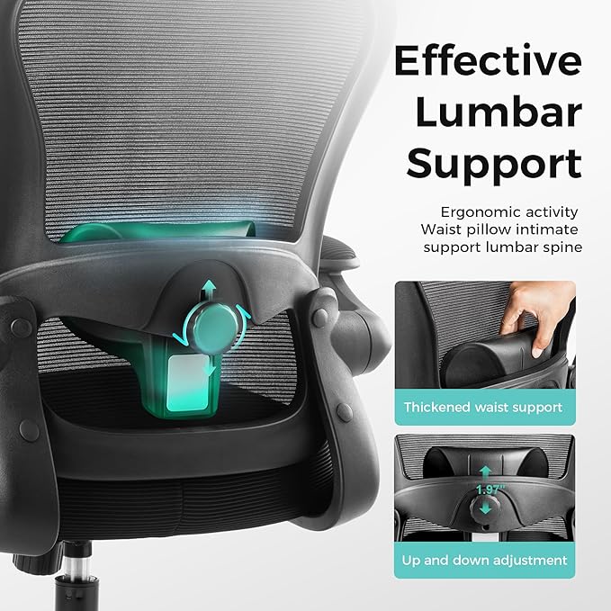 ALPHA HOME Office Chair Ergonomic, Mesh Computer Chair with Lumbar Support Executive Stool with Flip-up Armrest & Padded Cushion, BIFMA & SGS Certified
