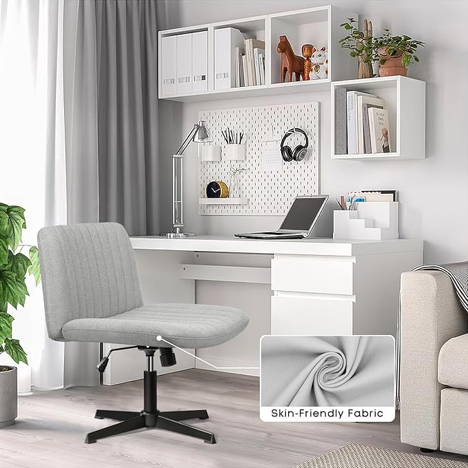 PUKAMI Criss Cross Chair,Armless Cross Legged Office Desk Chair No Wheels,Fabric Padded Modern Swivel Height Adjustable Mid Back Wide Seat Computer Task Vanity Chair for Home Office(Grey)