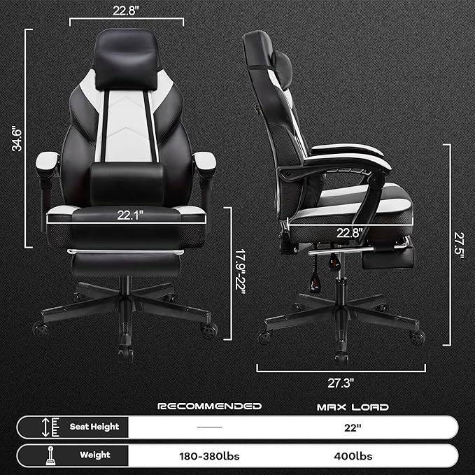 Meilocar Gaming Chair with Footrest, Video Game Chair for Adults Ergonomic Big and Tall Computer Chairs with Massage Lumbar Support 330lbs Weight Capacity, 360° Swivel Seat (White)