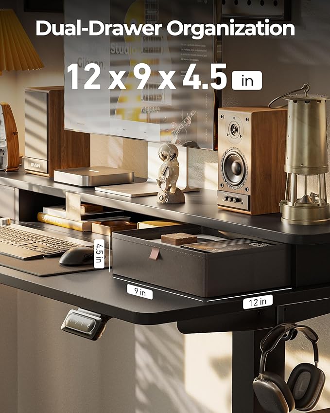 FEZIBO 40 x 24 Inch Height Adjustable Electric Standing Desk with Double Drawer, Computer Desk, Home Office Stand Up Table with 4 Height-Adjustable Feets & 2 Hooks, Black